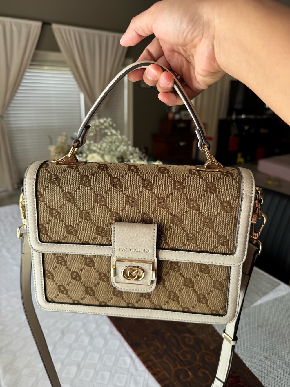 Beige & Brown Monogram Satchel with Top Handle